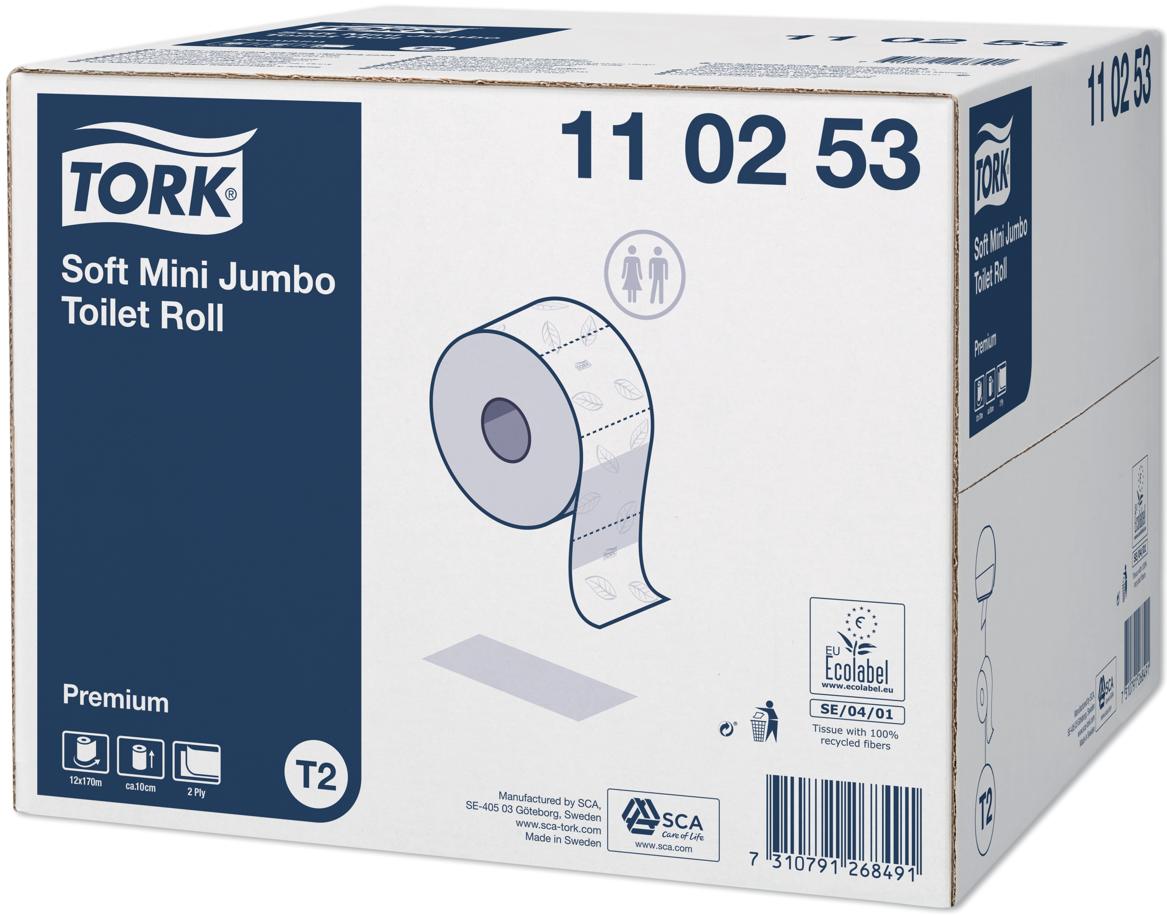 TORK Toiletpapir T2 Jumbo Mini P 170 m 2-lag 12 rl Ø18,8 cm Soft (110253)