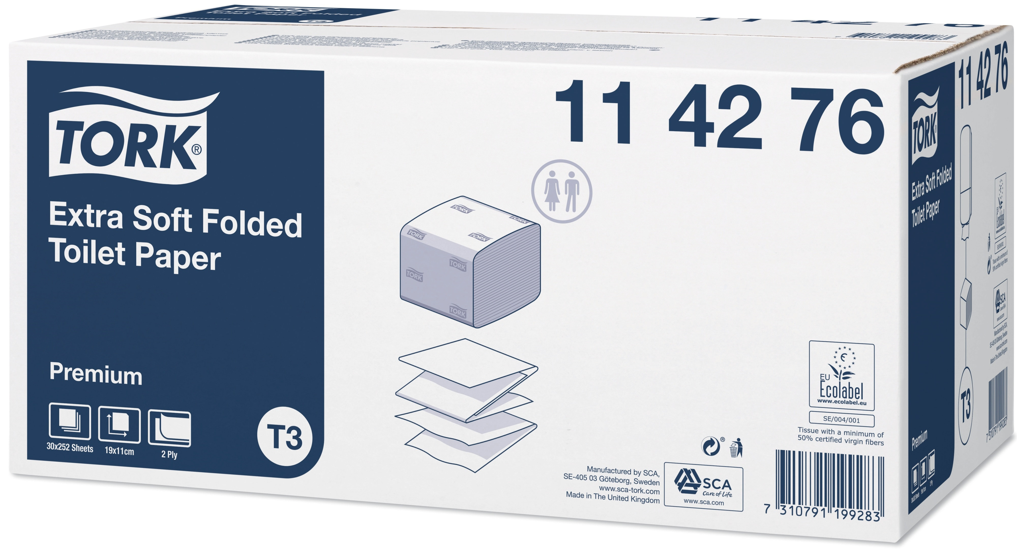 TORK Toiletpapir i ark T3 2-lag 7560 ark Hvid Premium Bulk (114276)