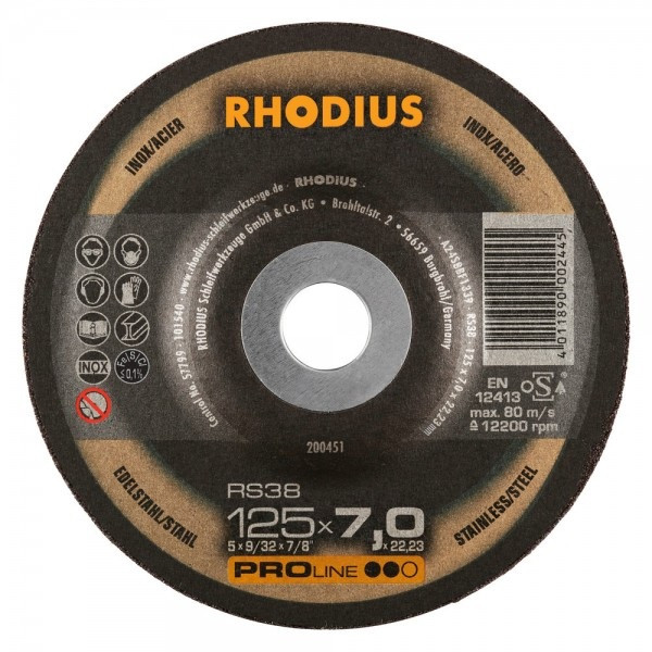 RHODIUS Skrubskive rustfrit stal RS 38 Ø125 mm 7,0 x 22,23 mm (200451)