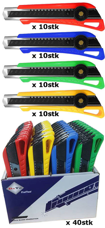 BATO Kniv bræk-af 18mm. Med skruelas. Gul/grøn/rød/bla. 40 stk. display (6162)