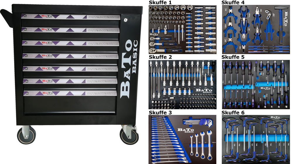 BATO BASIC værktøjsvogn med 7 skuffer og 270 dele i 6 skuffer. (91024)