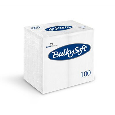 Se BulkySoft Serviet 3-lag 40x40 cm 1/8 Hvid Topfoldet 100 stk (32110) hos BLITE