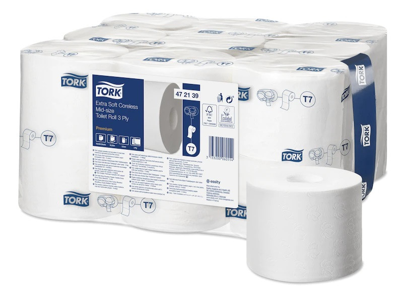 TORK Toiletpapir T7 3-lag 63,3 m 18 rl Hvid MidSize Premium uden hylse (472139)