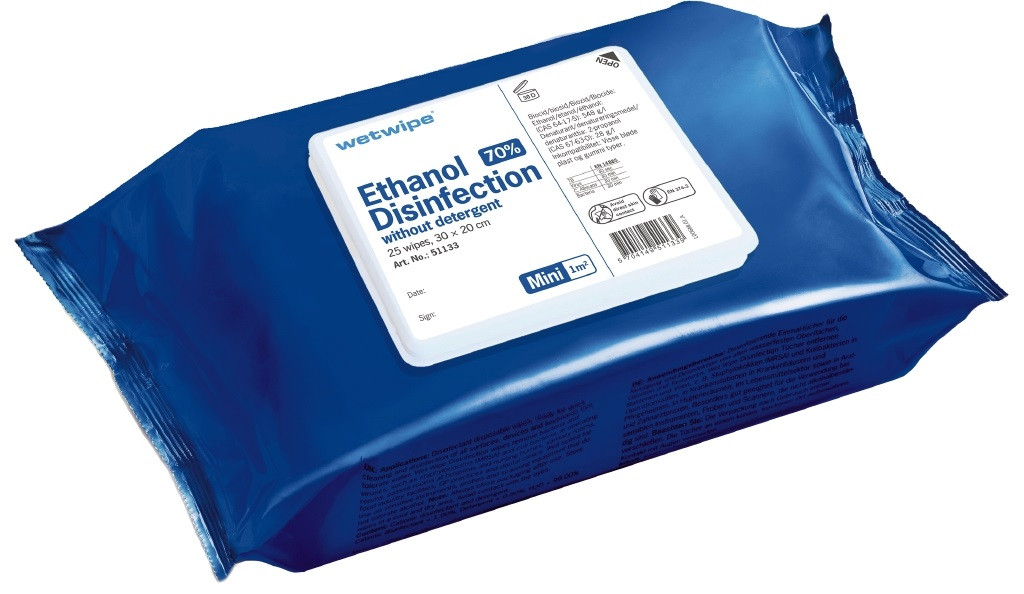 5: Wet Wipe Desinfektion uden sæbe 25 stk med ethanol 30x20 cm 70% alkohol