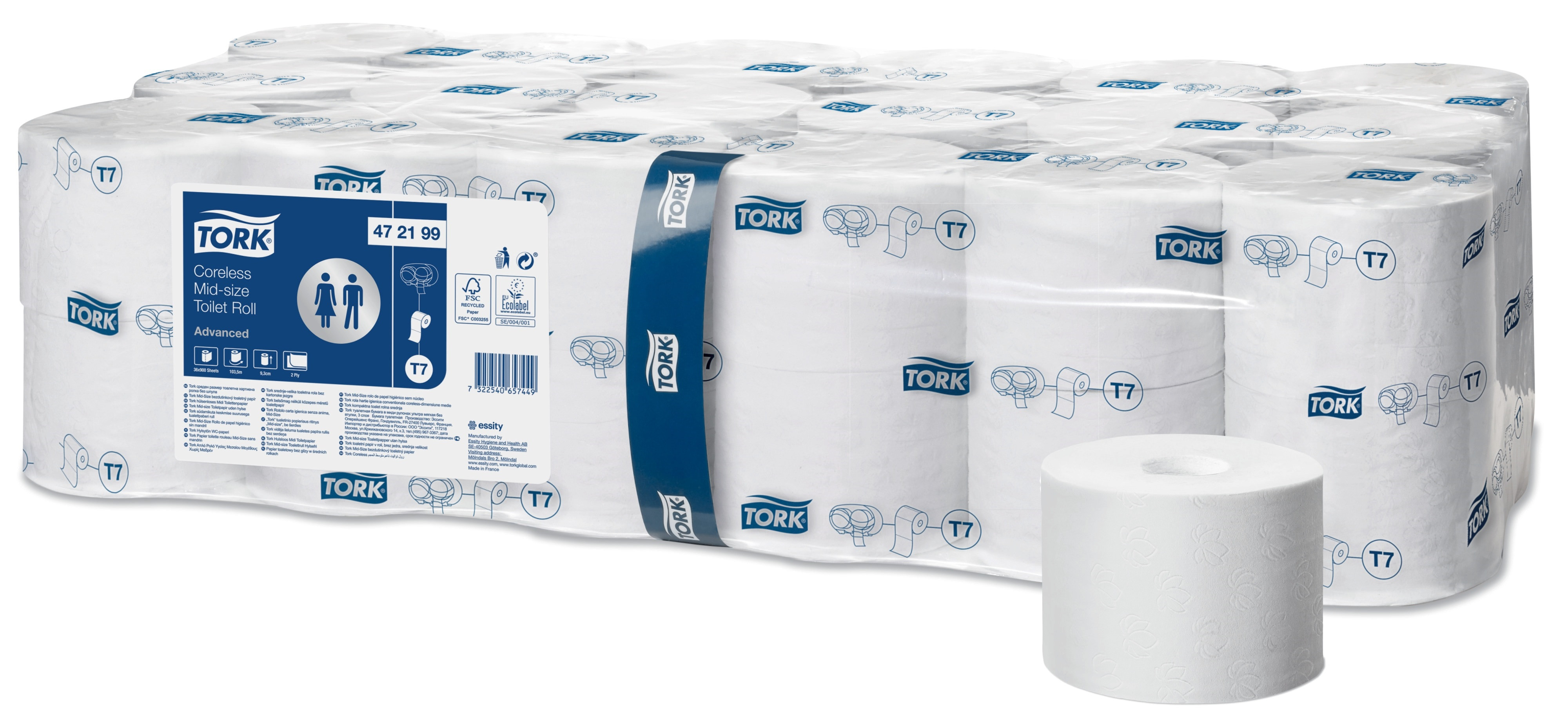 14: TORK Toiletpapir T7 2-lag 103,5 m 36 rl Hvid MidSize Compact uden hylse (472199)